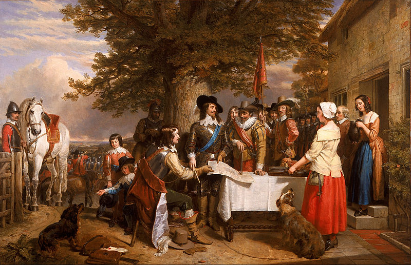 Charles I and Prince Rupert strategize on The Eve of the Battle of Edge Hill, 1642 CE, Saturday, October 22, pitched battle of the First English Civil War, by Charles Landseer (1799-1879) Walker Art Gallery WAG-126,   painted in 1845.